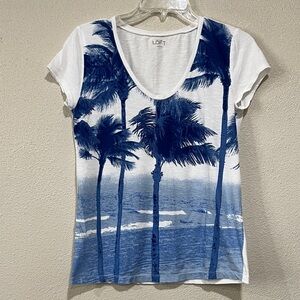 Ann Taylor Loft Short Sleeve Top with Blue Palm Design